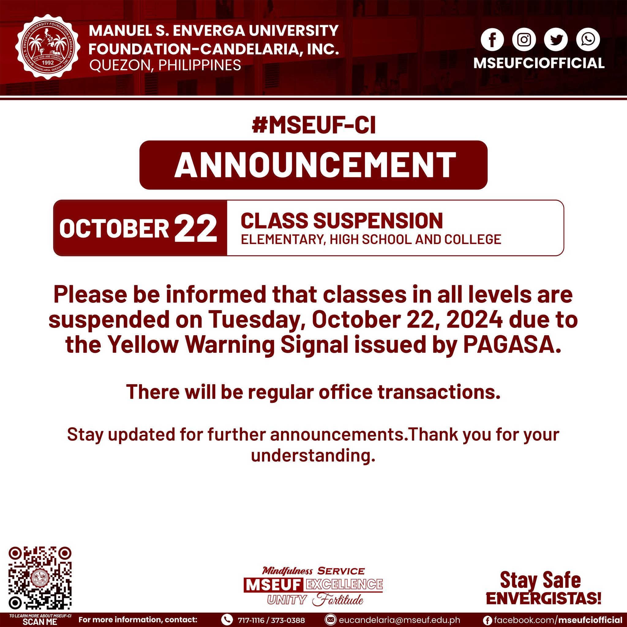 CLASS SUSPENSION ANNOUNCEMENT OCT 22 