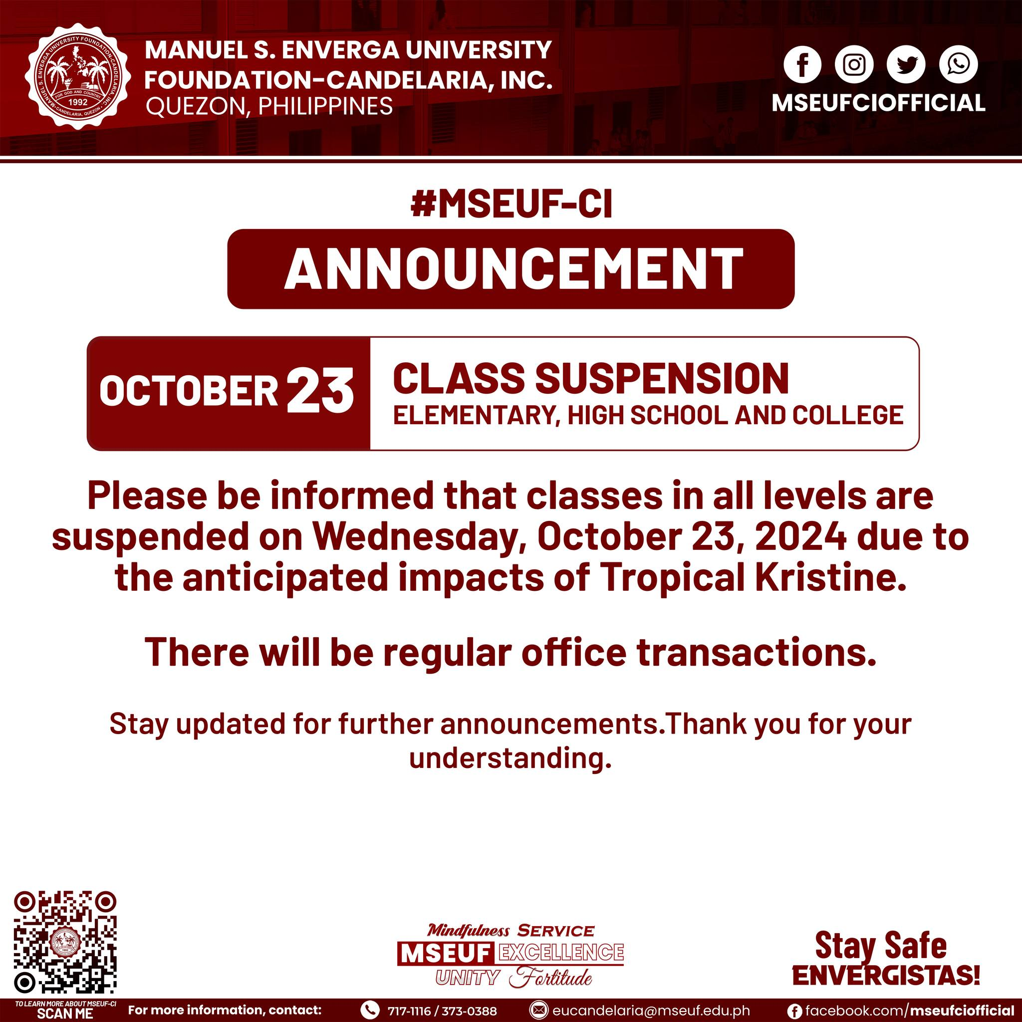 CLASS SUSPENSION ANNOUNCEMENT OCT 23 