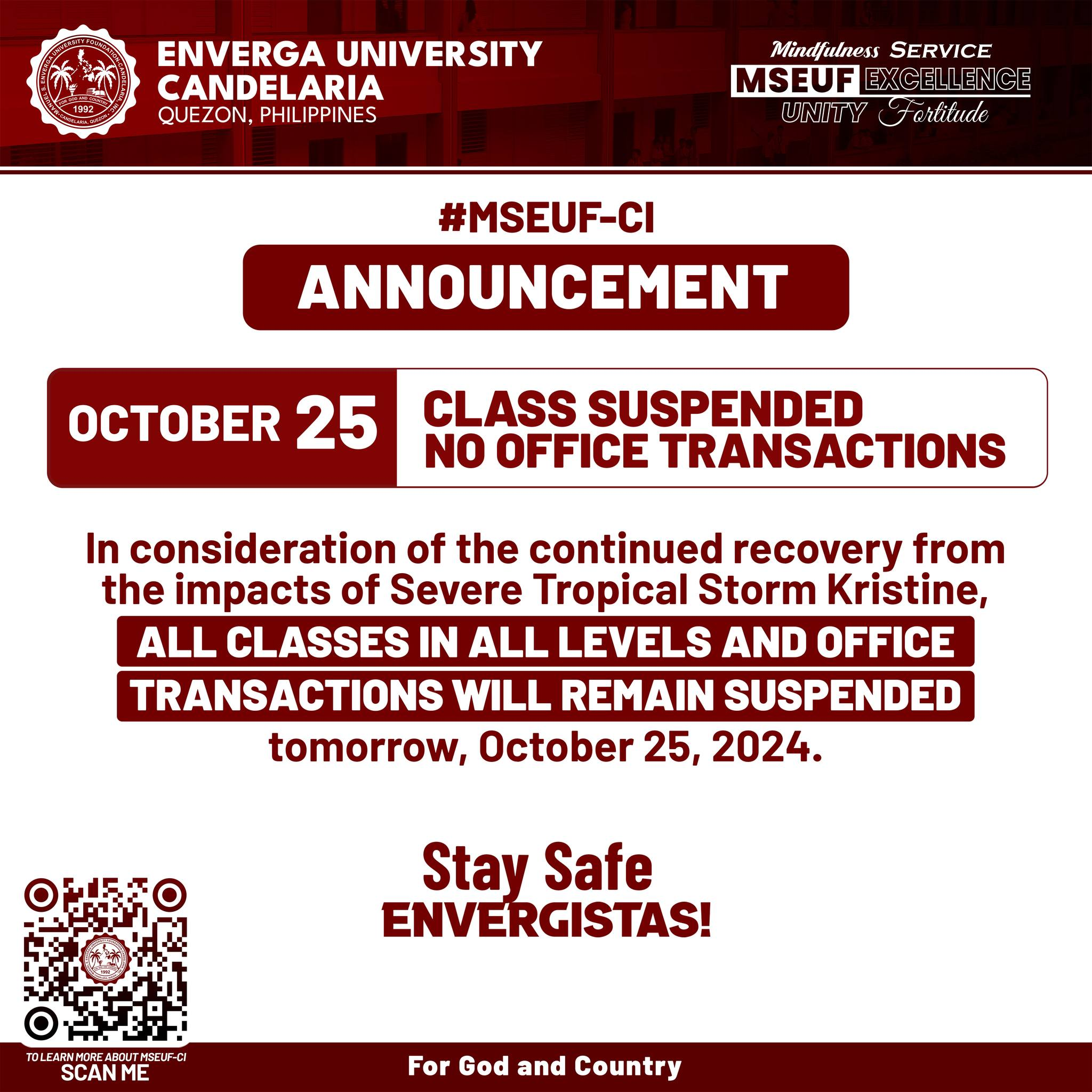 CLASS SUSPENSION ANNOUNCEMENT OCT 25 